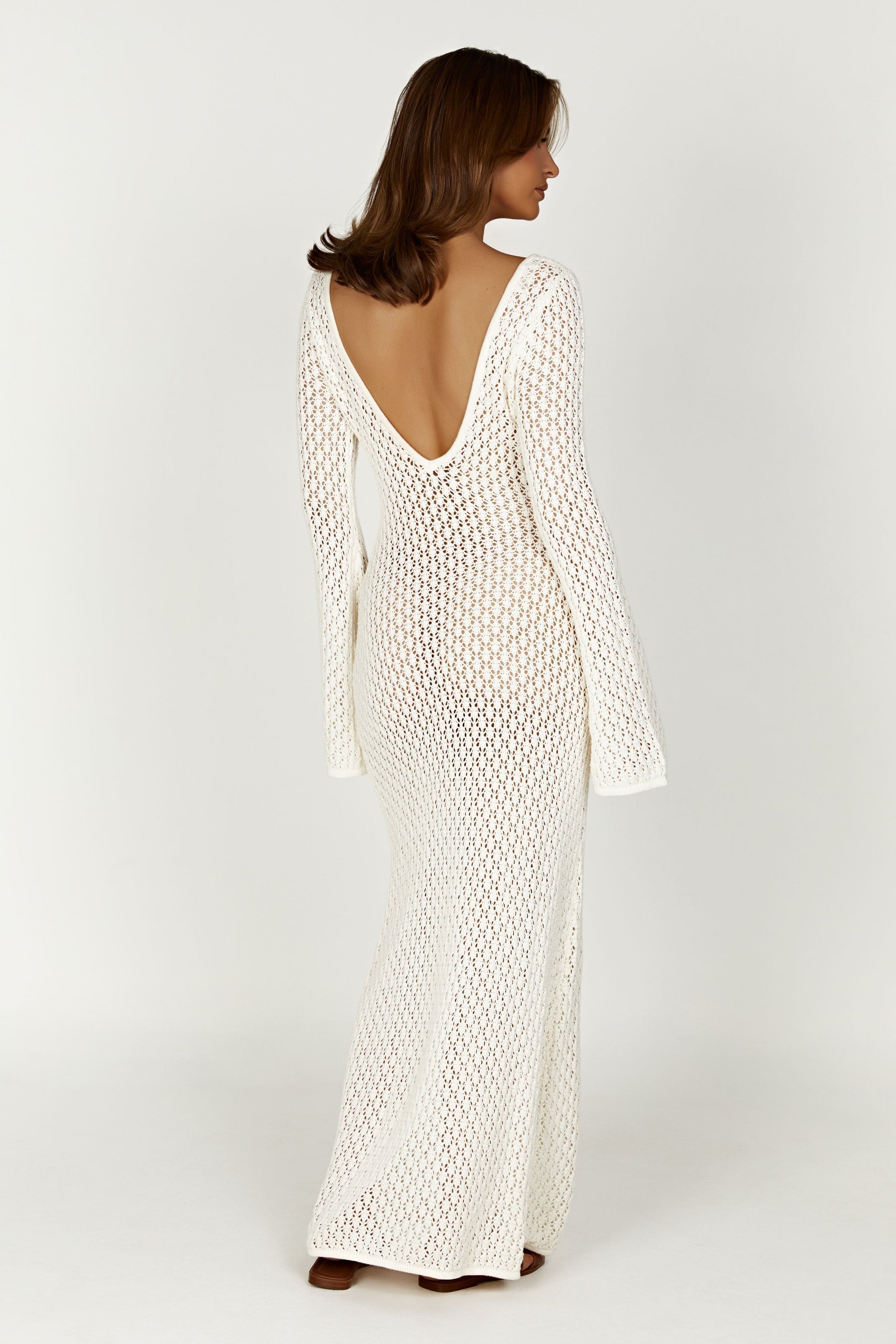 Crochet Look Maxi Dress with Deep Neckline and Long Sleeves
