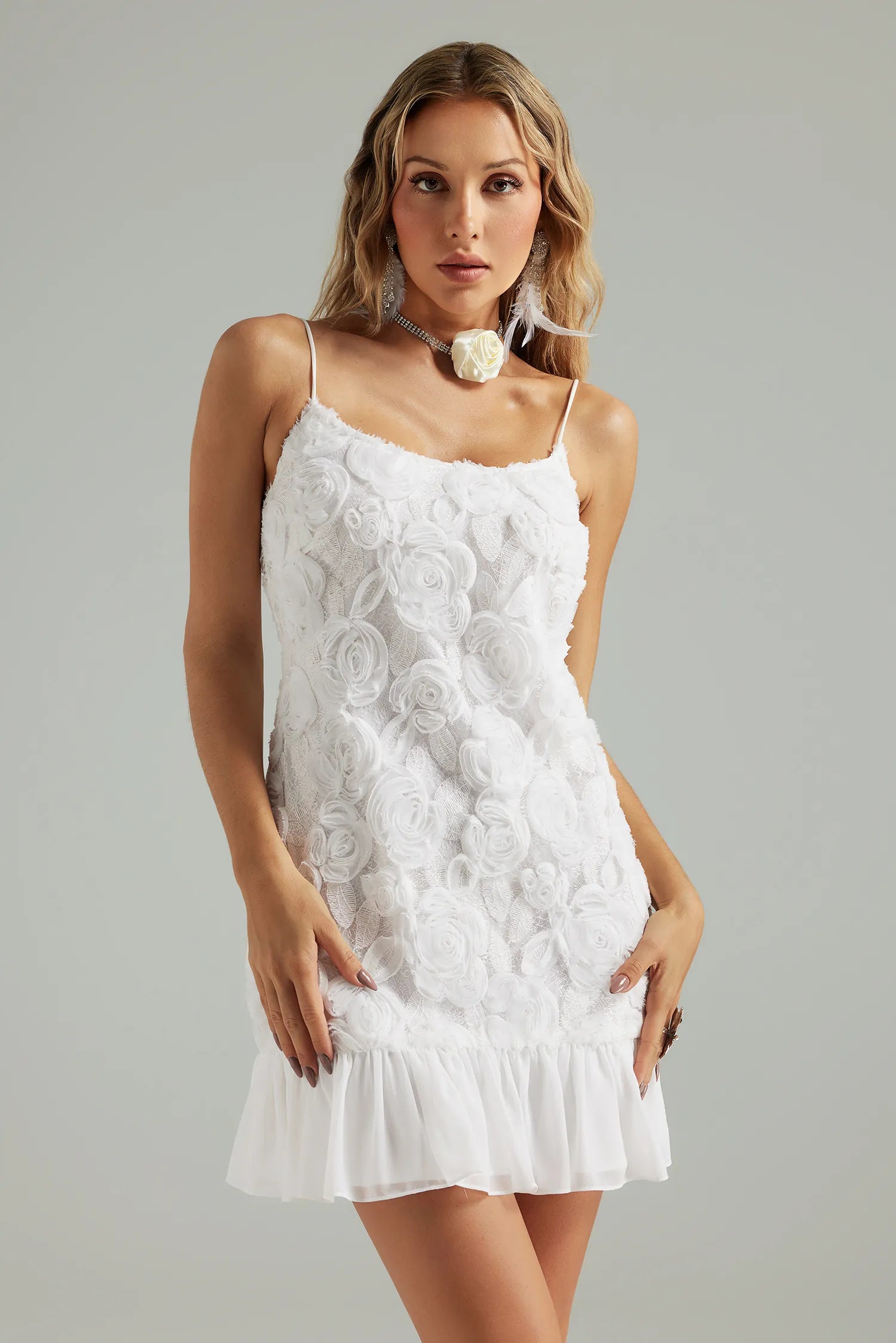 3D Flower Pattern Spaghetti Strap Short Dress