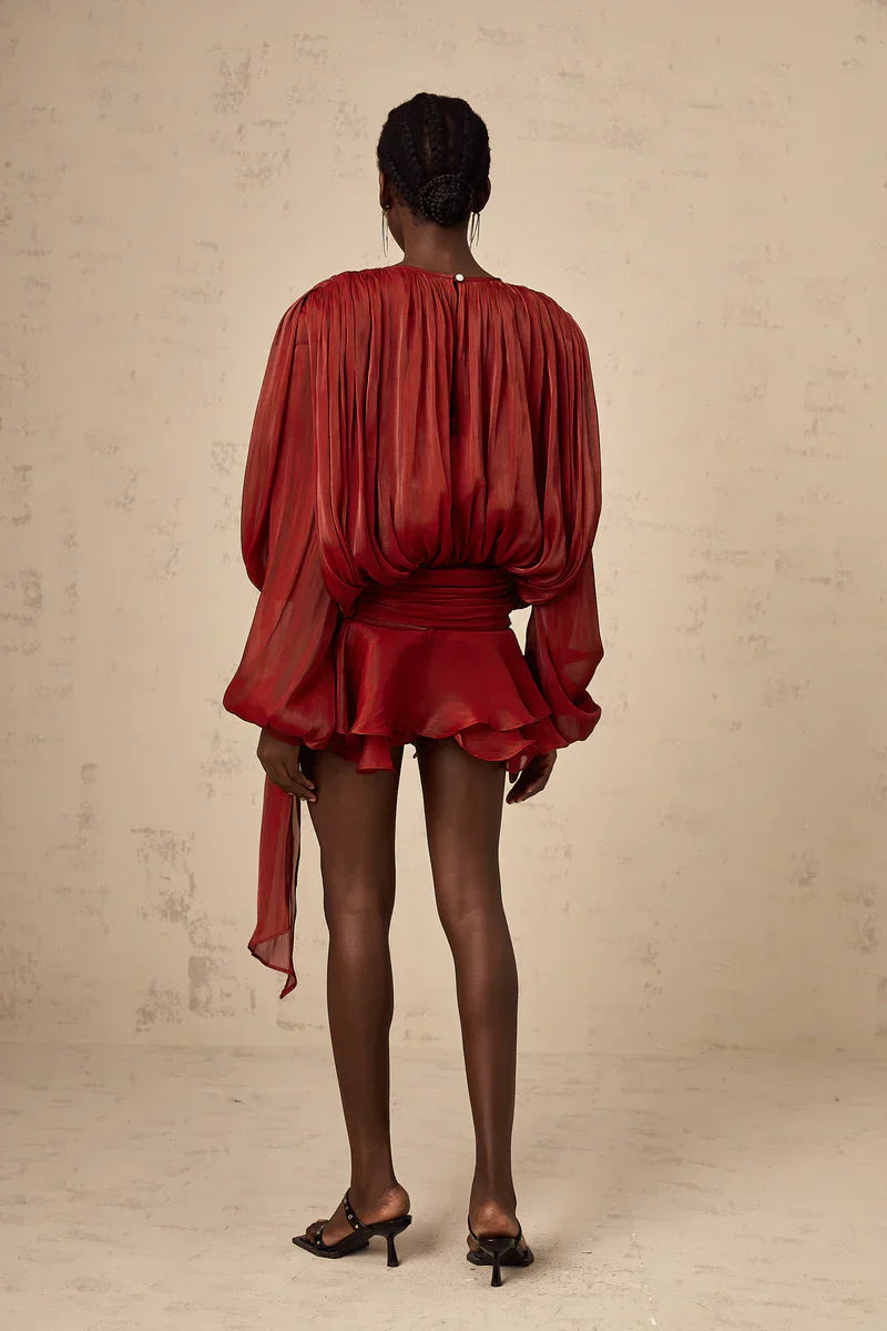 Long Sleeve Pleated Mini Dress with Tied Collar