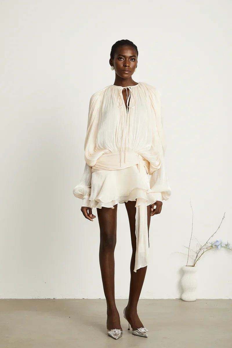 Long Sleeve Pleated Mini Dress with Tied Collar