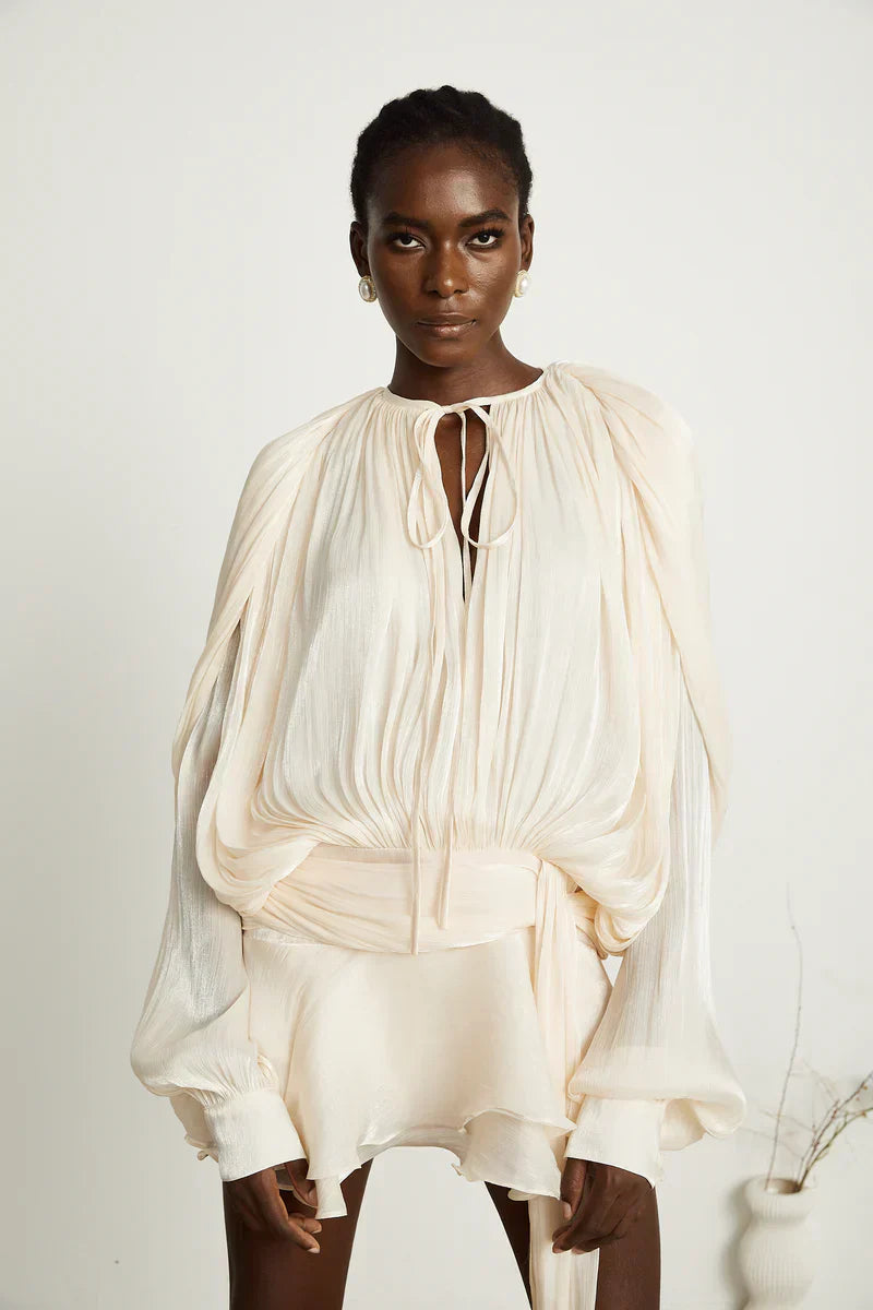 Long Sleeve Pleated Mini Dress with Tied Collar