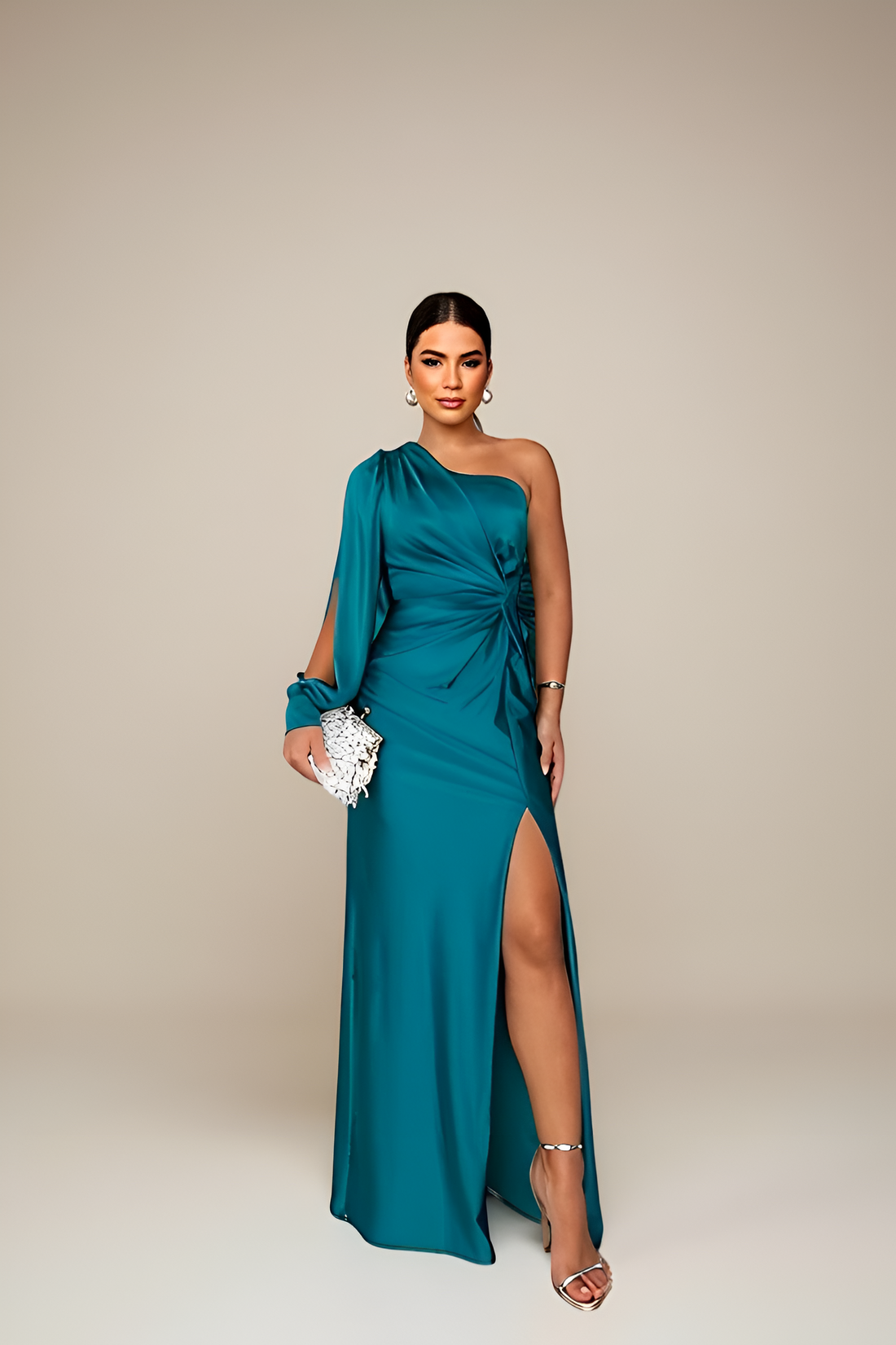 Asymmetrical one-shoulder satin maxi dress with thigh-high slit - front view
