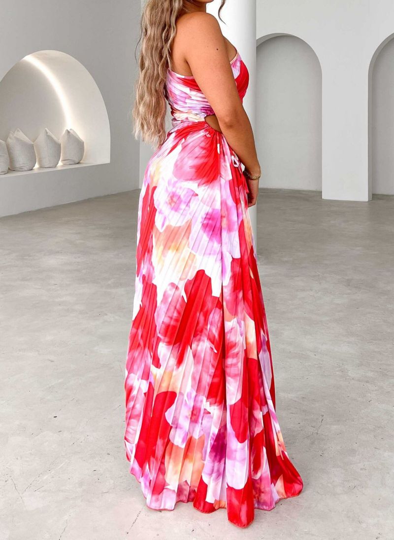 Floral One-Shoulder Pleated Dress – Elegant & Feminine