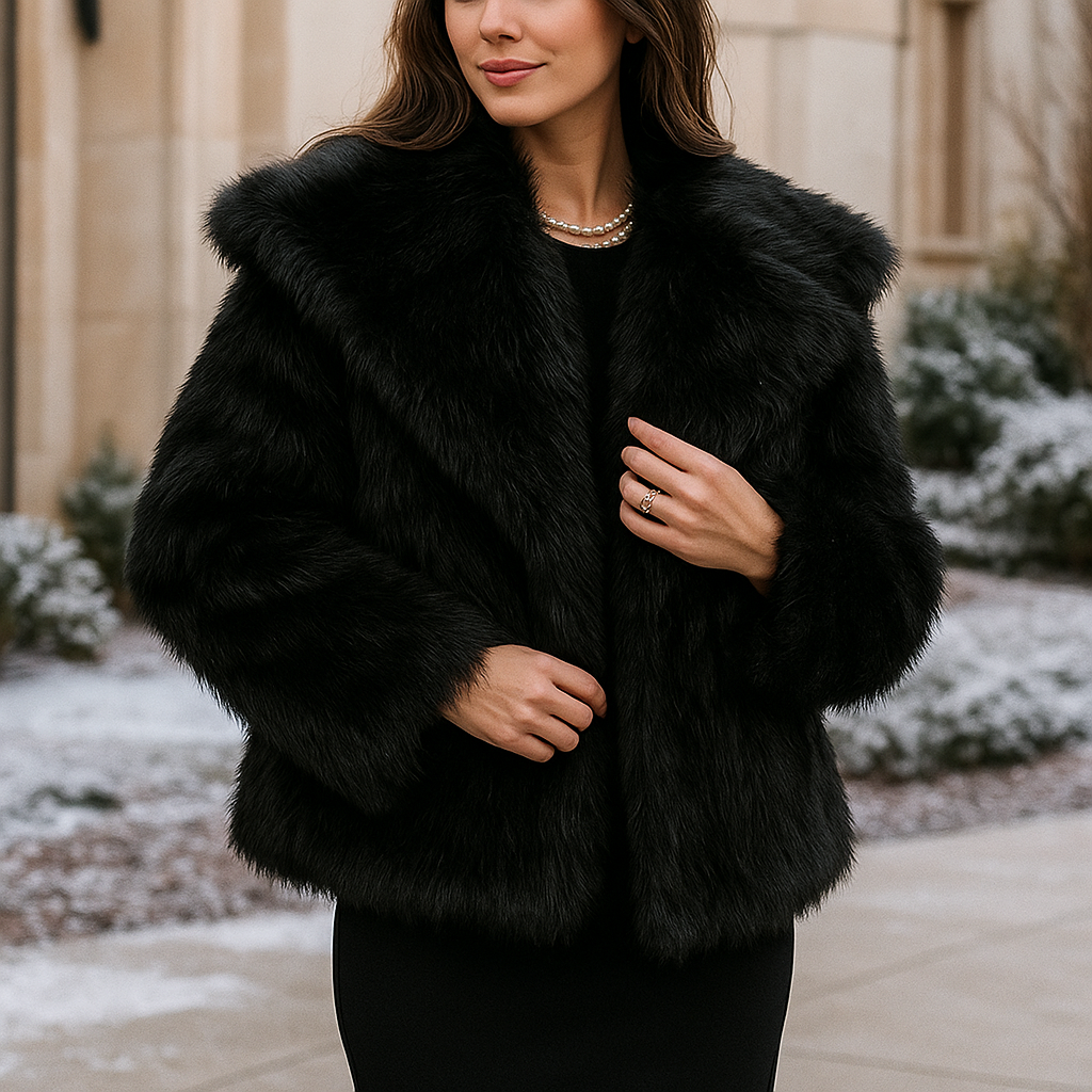 Woman wearing a black fur coat outdoors in a snowy setting