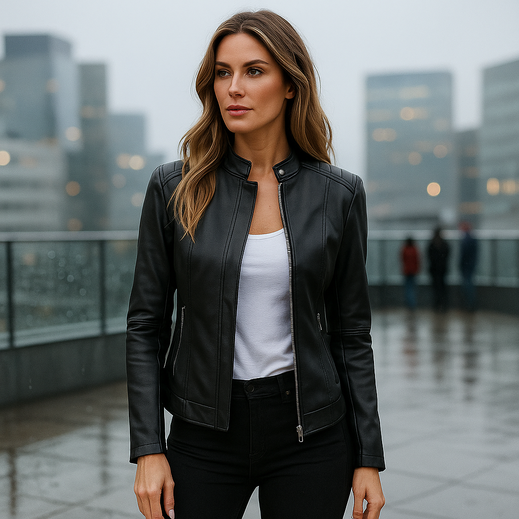 Womens Leather Jacket - Elegant Mao Collar - Comfortable Fit