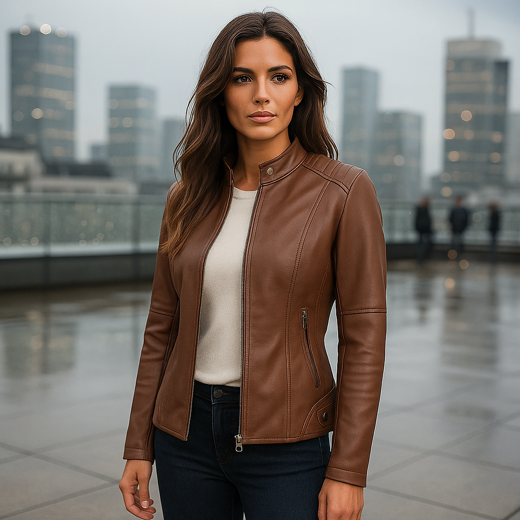 Womens Leather Jacket - Elegant Mao Collar - Comfortable Fit