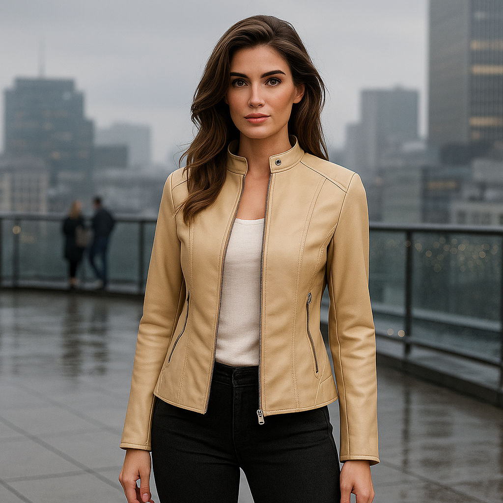 Womens Leather Jacket - Elegant Mao Collar - Comfortable Fit