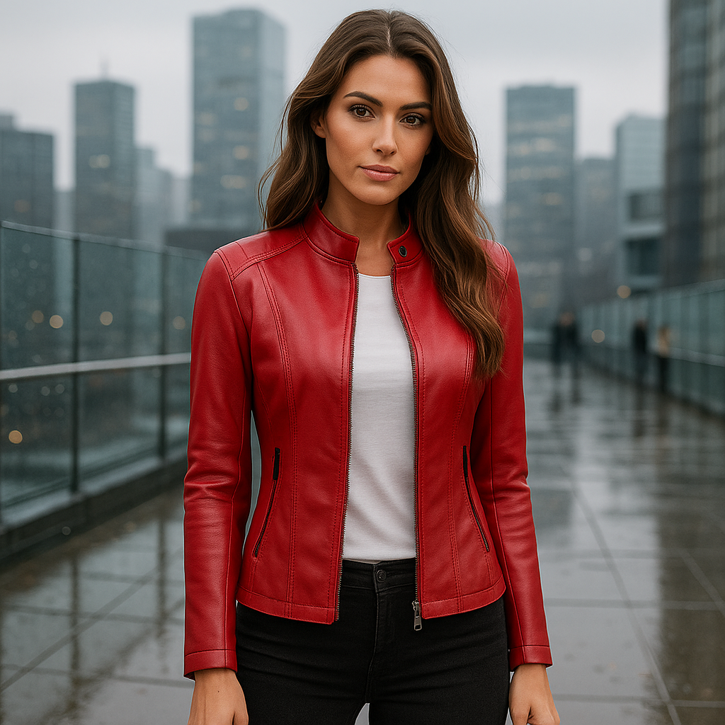 Womens Leather Jacket - Elegant Mao Collar - Comfortable Fit