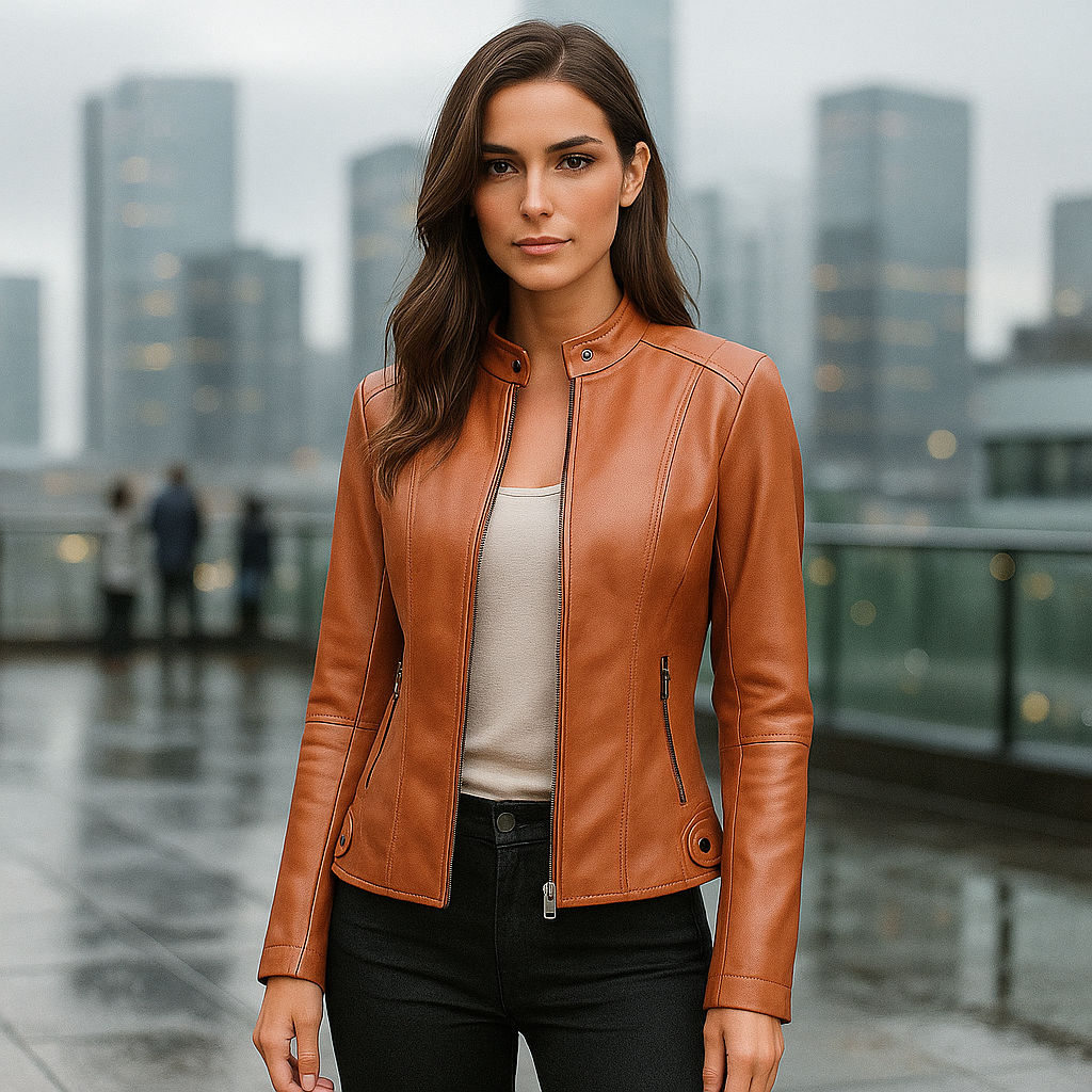 Womens Leather Jacket - Elegant Mao Collar - Comfortable Fit