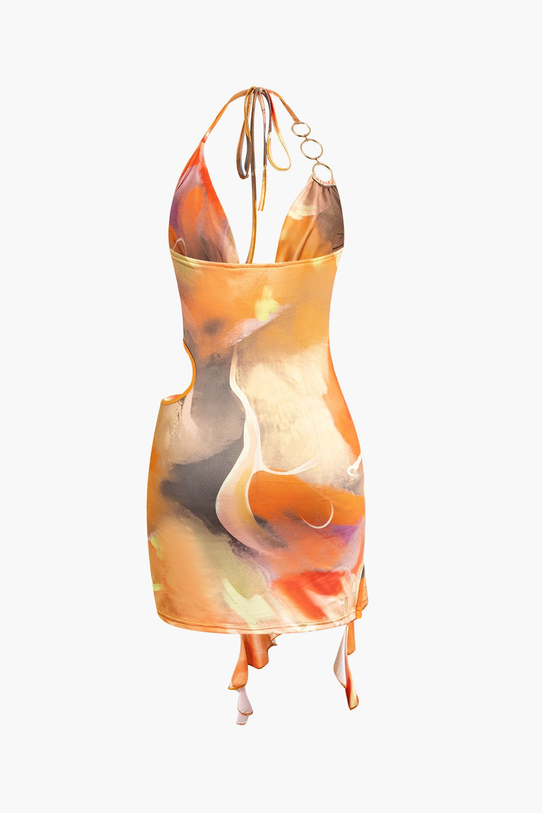 Asymmetrical Side-Slit Halter Mini Dress with Art Print