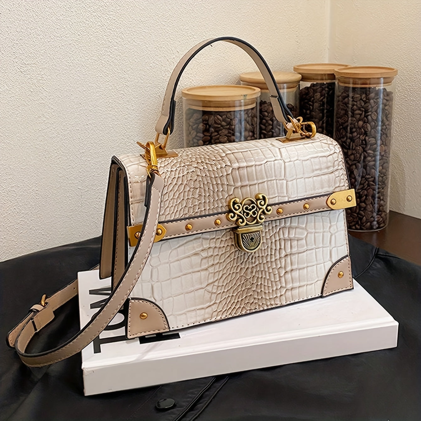 Khaki Crossbody Handbag - Durable PU, Adjustable Strap, Crocodile Pattern