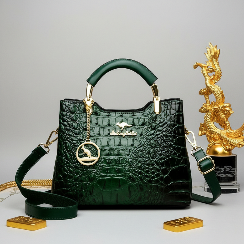 Green textured handbag with gold accents on a black background