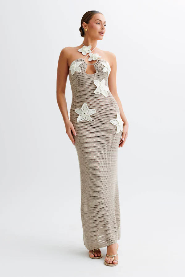 Flower Appliqué Halter Maxi Dress