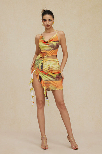 Asymmetrical Side-Slit Halter Mini Dress with Art Print
