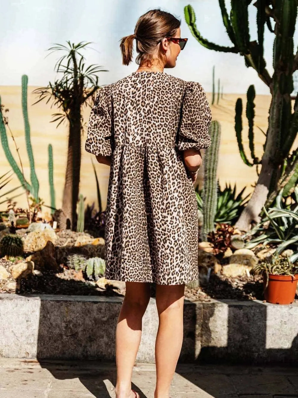 Womens Leopard Dress with Puff Sleeves