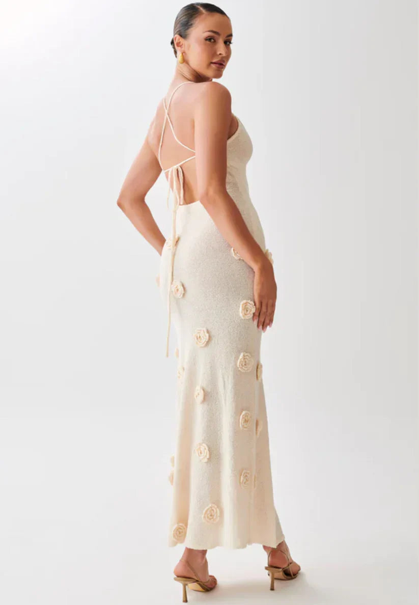 Spaghetti Strap Maxi Dress with 3D Flower Appliqués