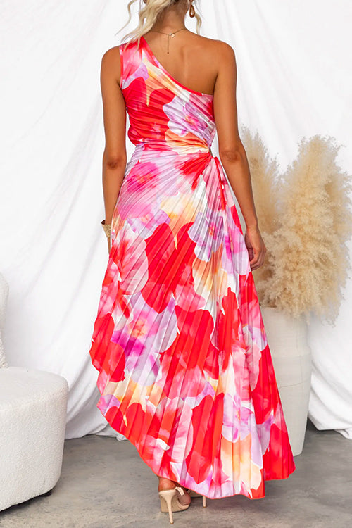 Floral One-Shoulder Maxi Dress – Pleated for Summer & Special Occasions