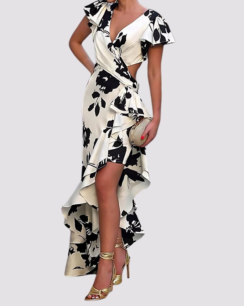 Asymmetrical Floral Maxi Dress with Ruffle Hem