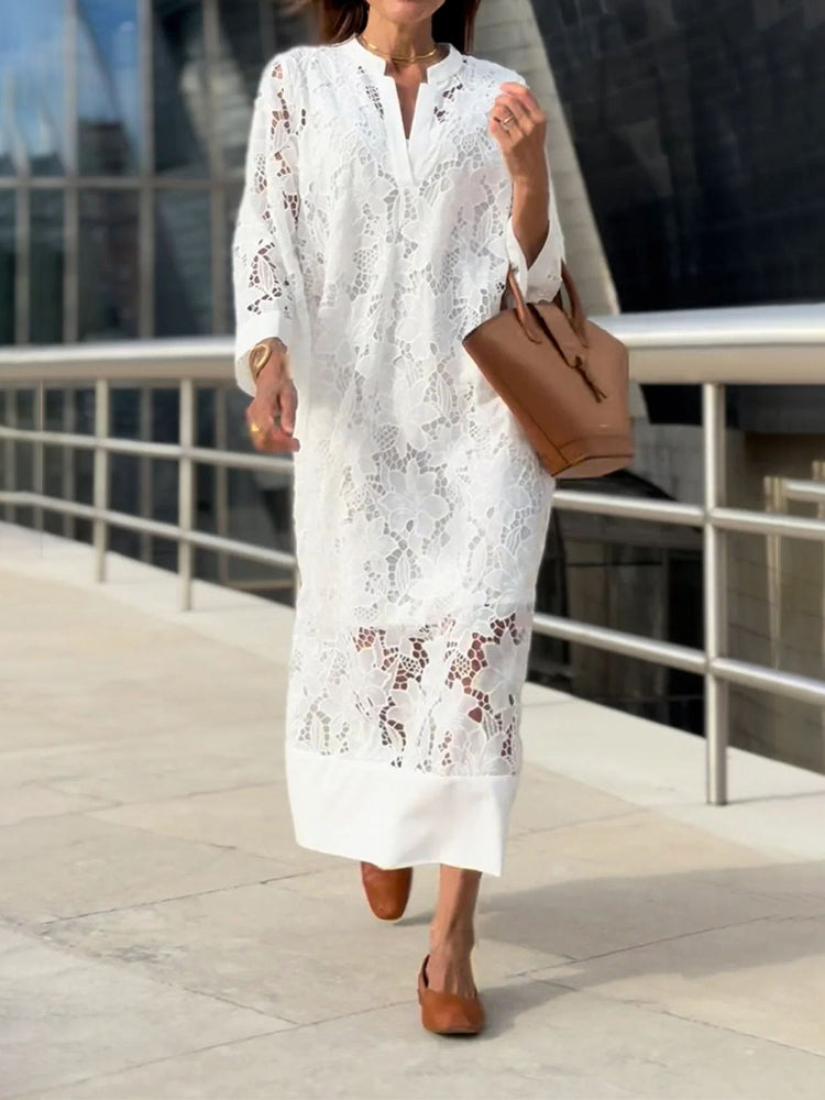 Lace Dress with 3/4 Sleeves & Stand-Up Collar