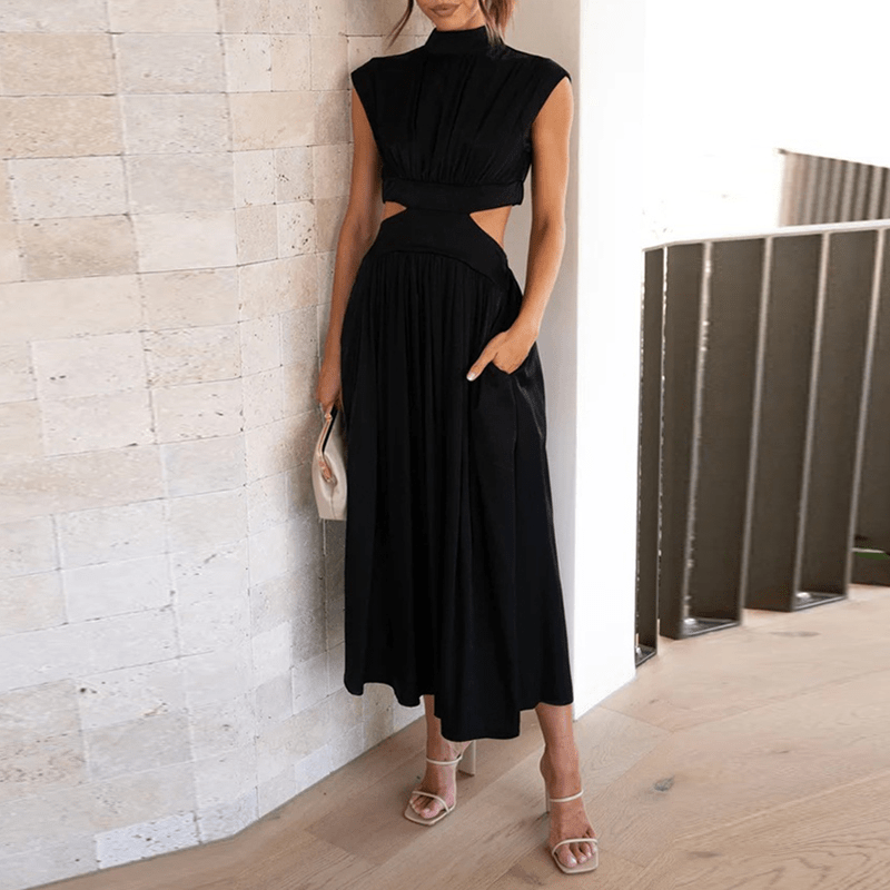 Chic Black Midi Dress with Cut-Outs and Pleats