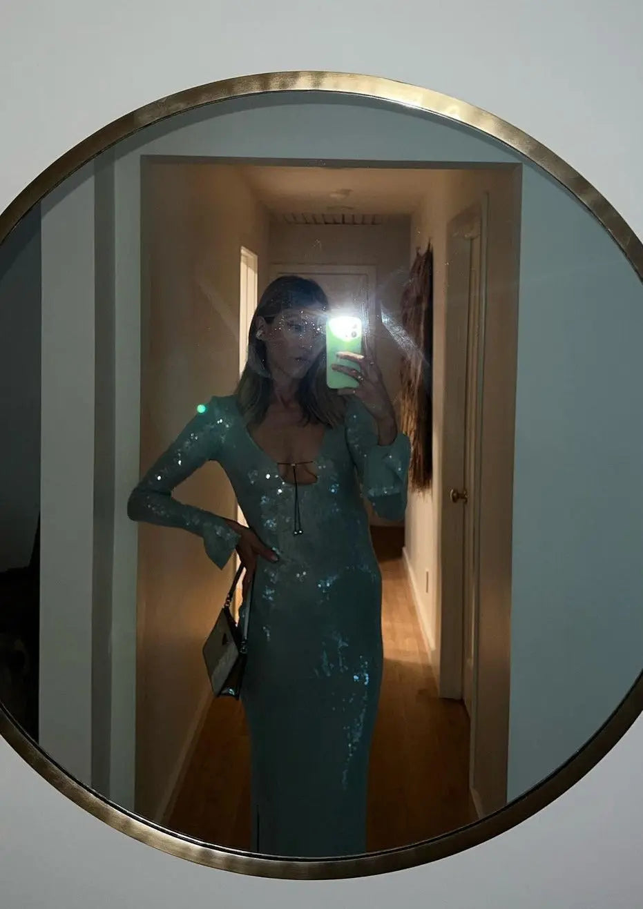 Mint Green Glitter Spaghetti Strap Long Sleeve Dress