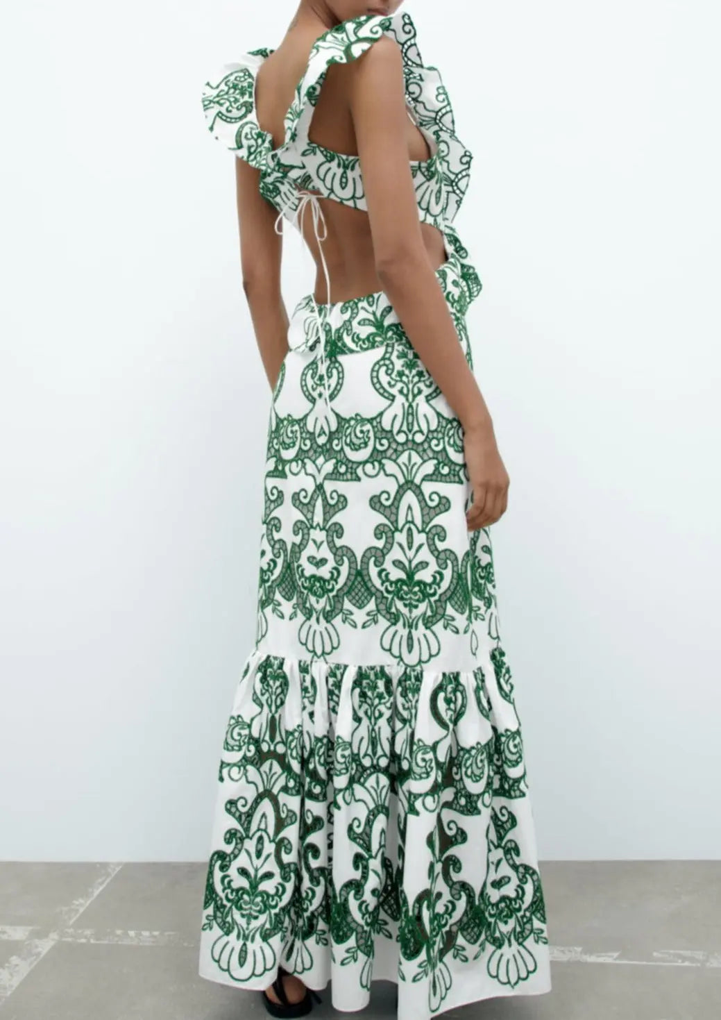 Patterned Maxi Dress with Ruffles & Back Cutout