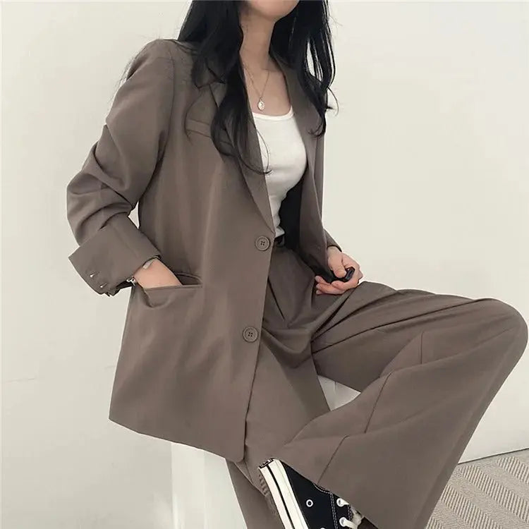 Solid Color Blazer and Straight-Leg Pants Set
