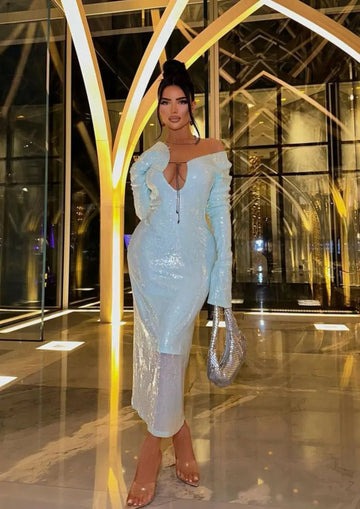 Mint Green Glitter Spaghetti Strap Long Sleeve Dress