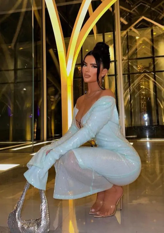 Mint Green Glitter Spaghetti Strap Long Sleeve Dress