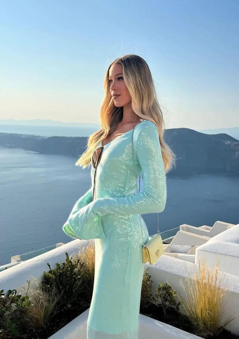 Mint Green Glitter Spaghetti Strap Long Sleeve Dress