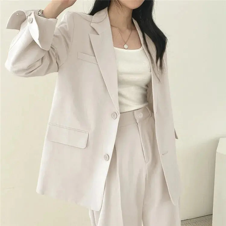 Solid Color Blazer and Straight-Leg Pants Set