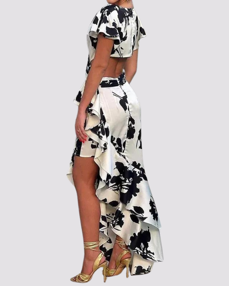 Asymmetrical Floral Maxi Dress with Ruffle Hem