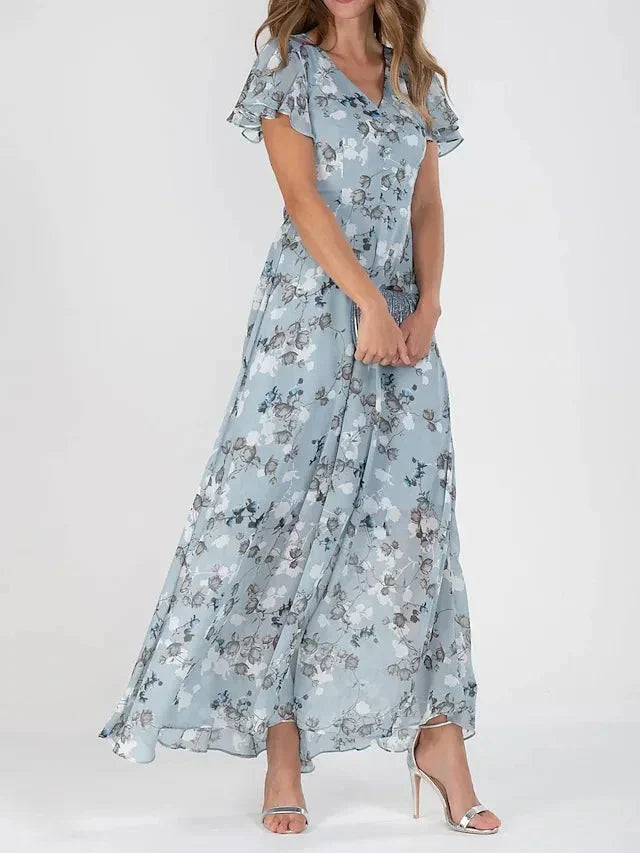 Floral Print V-Neck Maxi Dress with Butterfly Sleeves