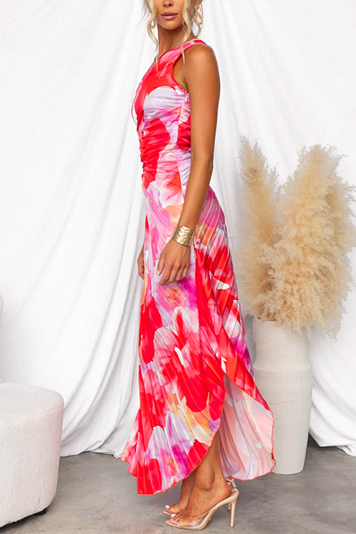Floral One-Shoulder Pleated Dress – Elegant & Feminine