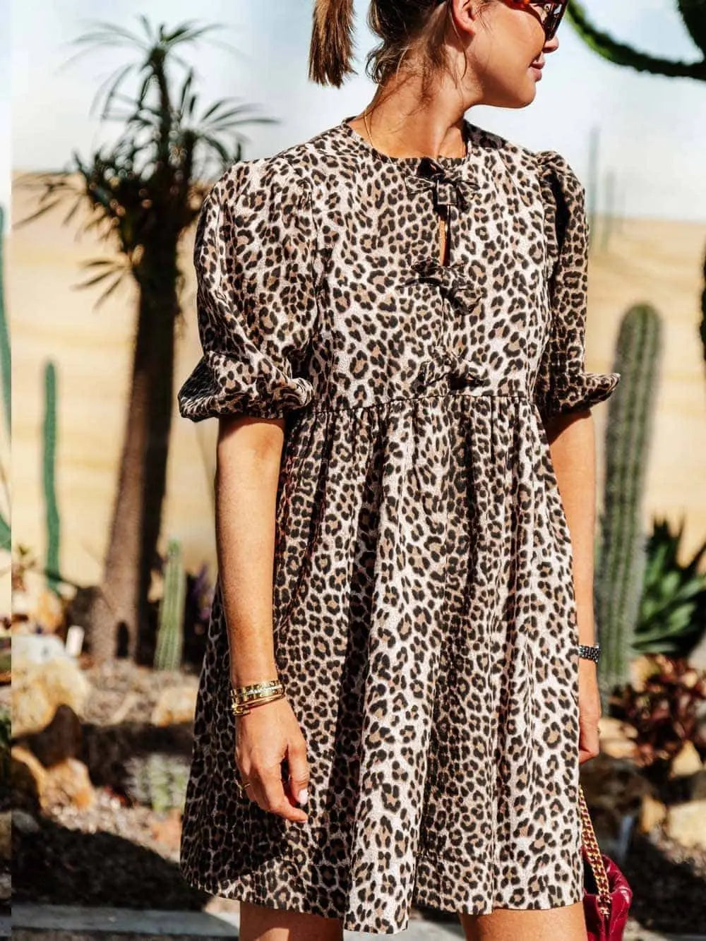 Womens Leopard Dress with Puff Sleeves