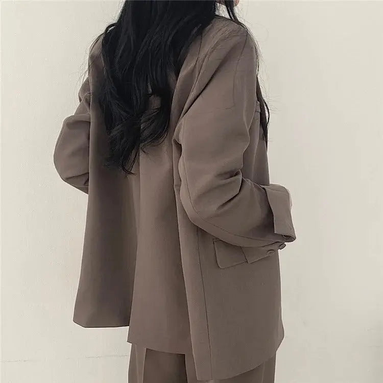 Solid Color Blazer and Straight-Leg Pants Set