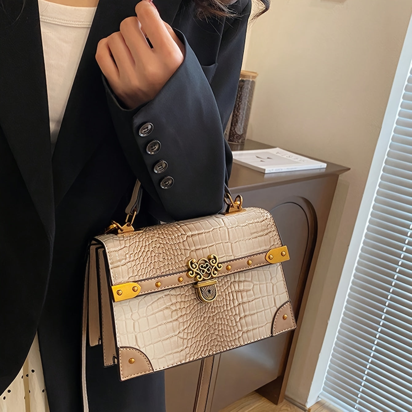 Khaki Crossbody Handbag - Durable PU, Adjustable Strap, Crocodile Pattern