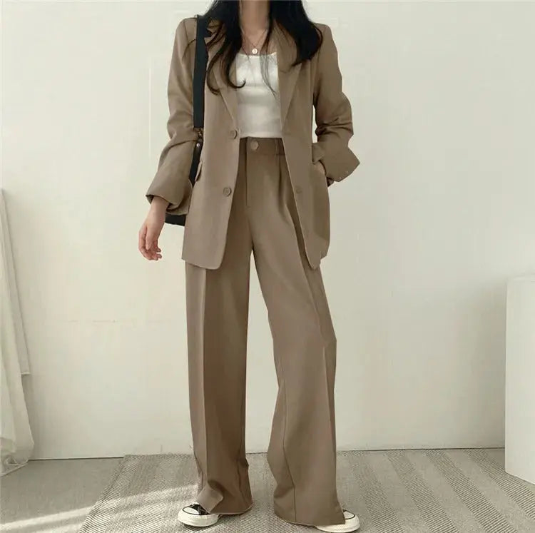 Solid Color Blazer and Straight-Leg Pants Set