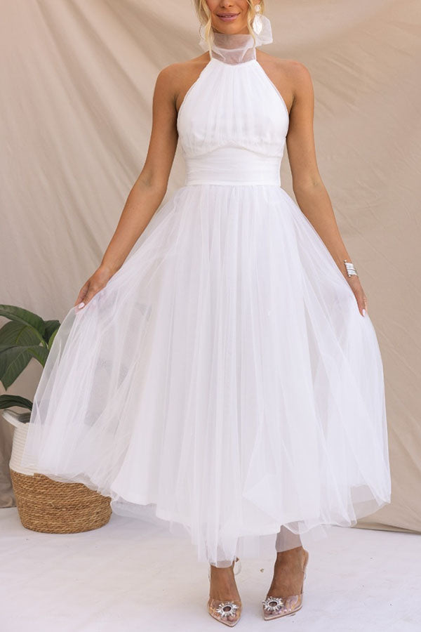 Halterneck A-Line Tulle Midi Dress with Veil Collar
