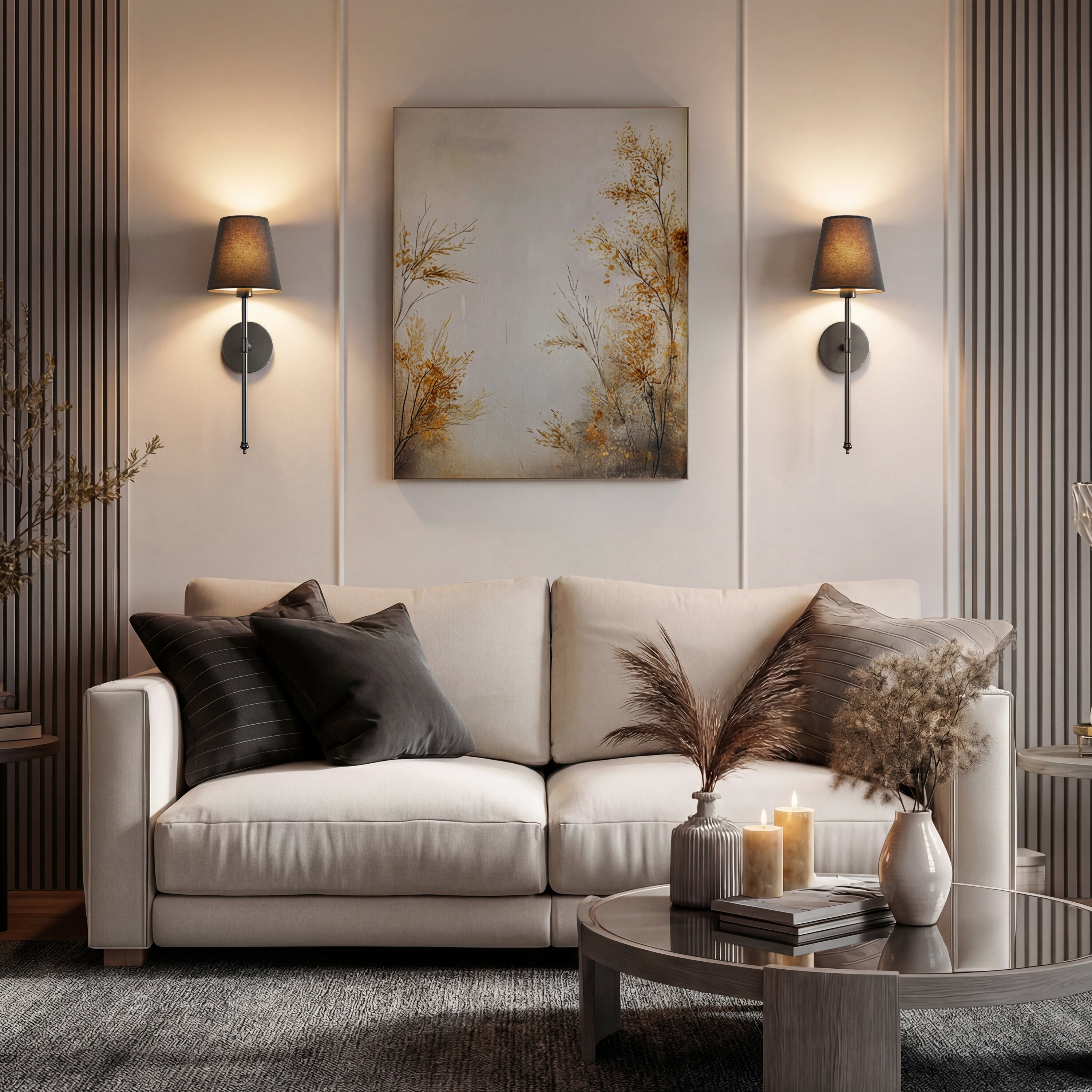 Set of 2 Wireless Wall Sconces with Fabric Shade | Gold, Black & Silver