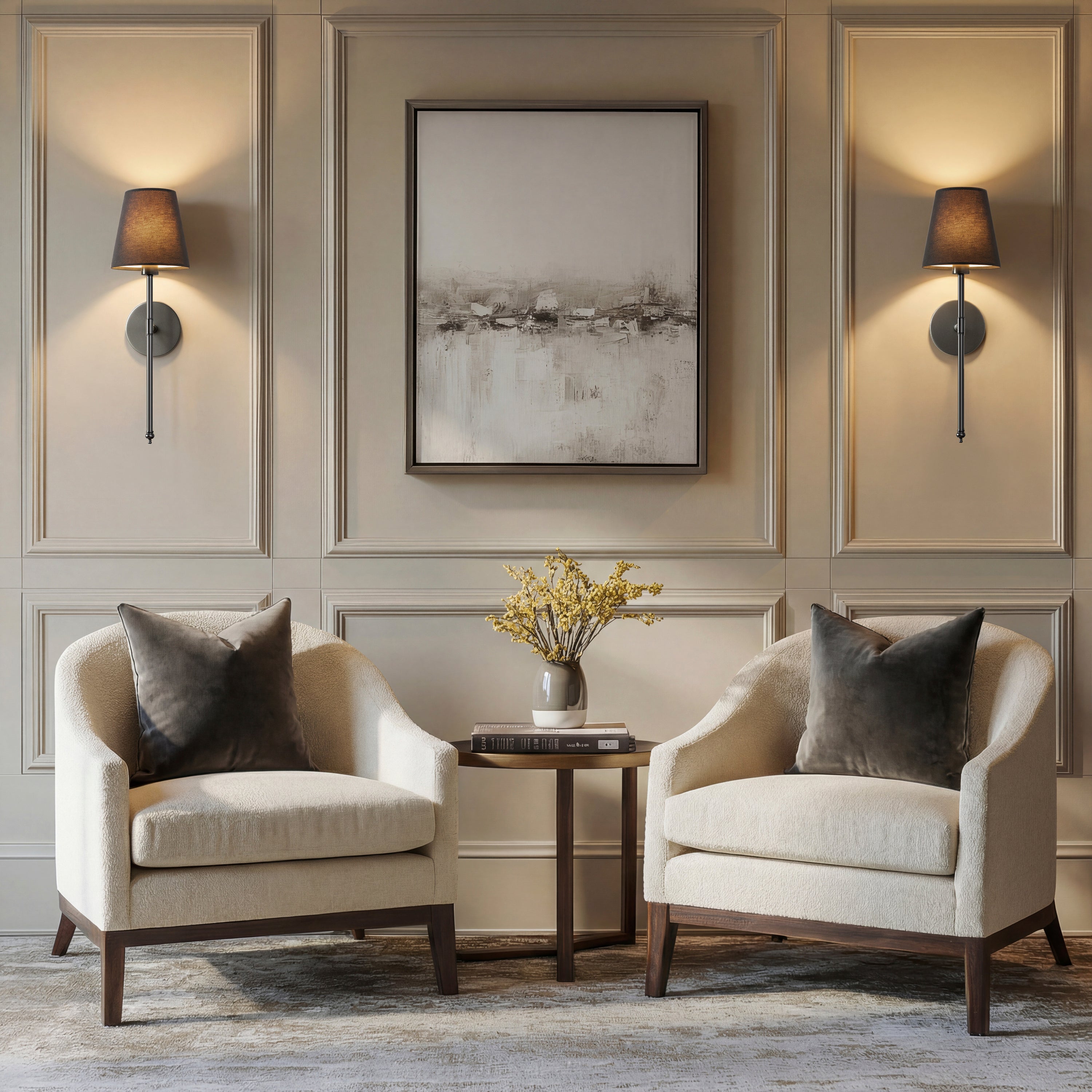 Set of 2 Wireless Wall Sconces with Fabric Shade | Gold, Black & Silver