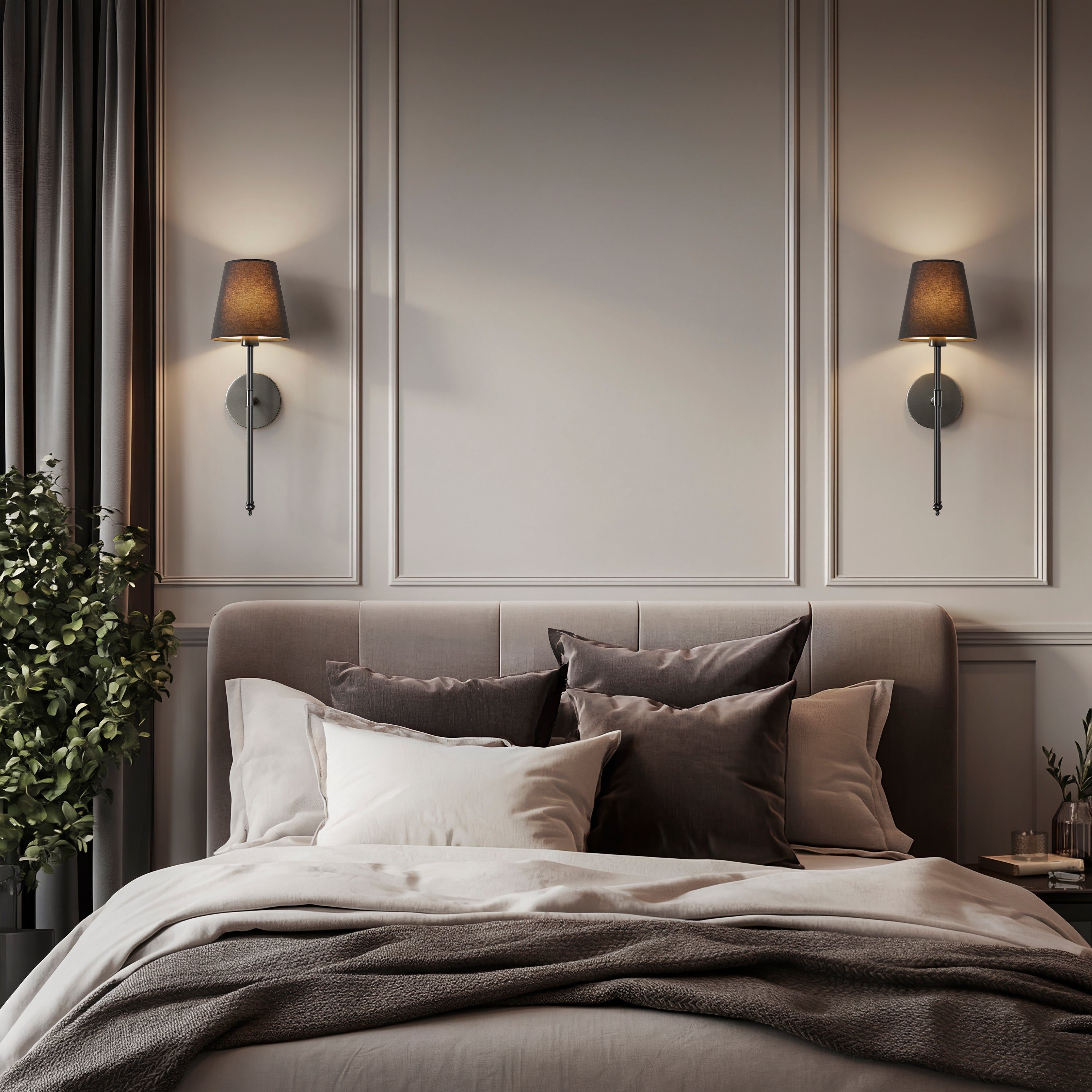 Set of 2 Wireless Wall Sconces with Fabric Shade | Gold, Black & Silver