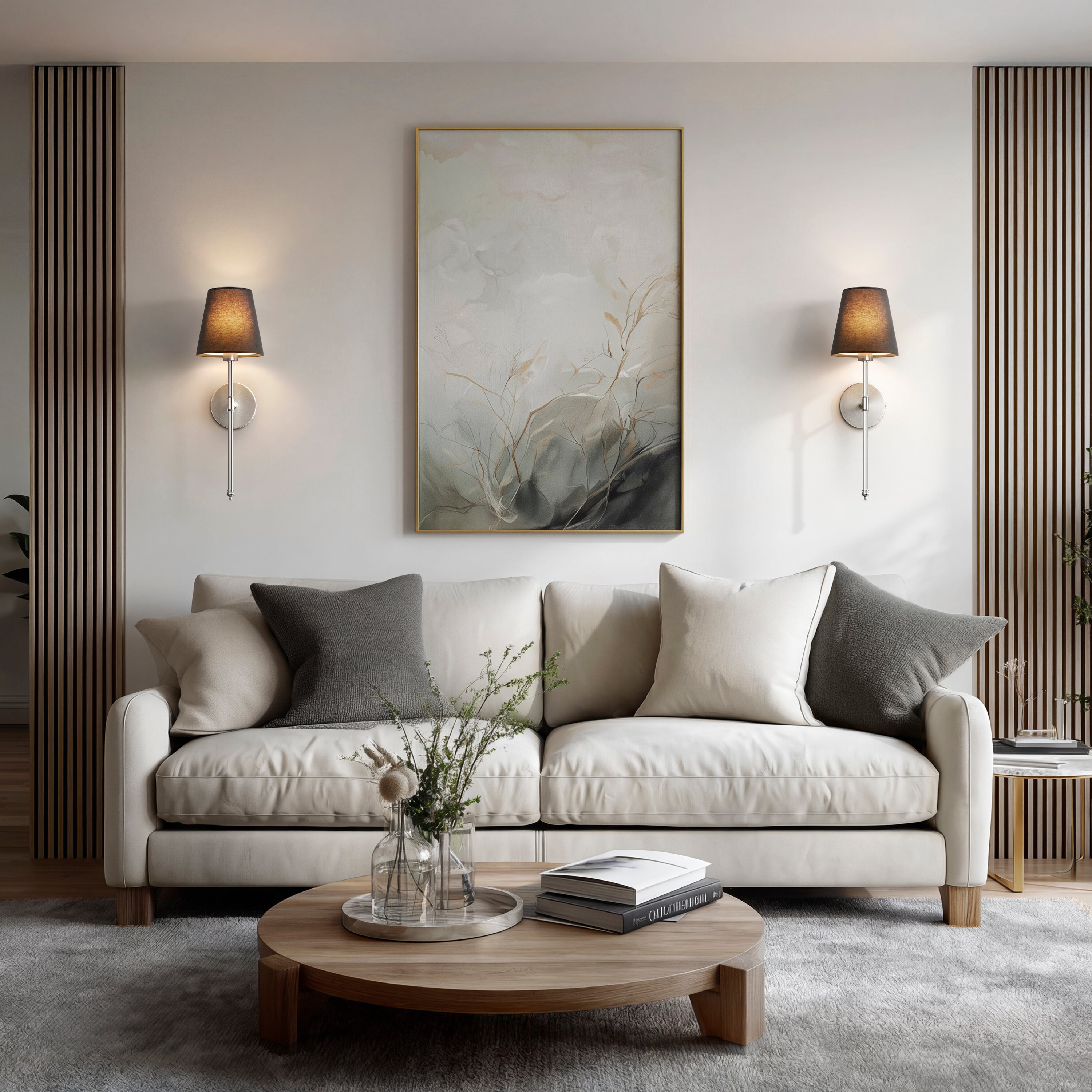 Set of 2 Wireless Wall Sconces with Fabric Shade | Gold, Black & Silver