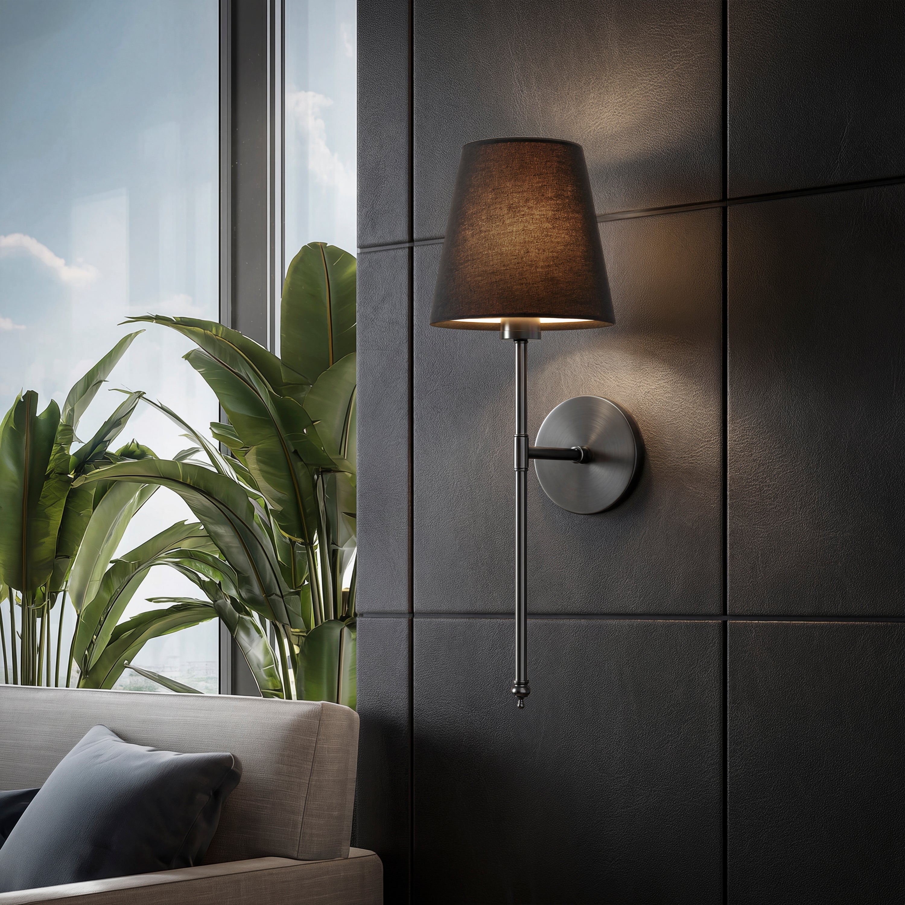 Set of 2 Wireless Wall Sconces with Fabric Shade | Gold, Black & Silver