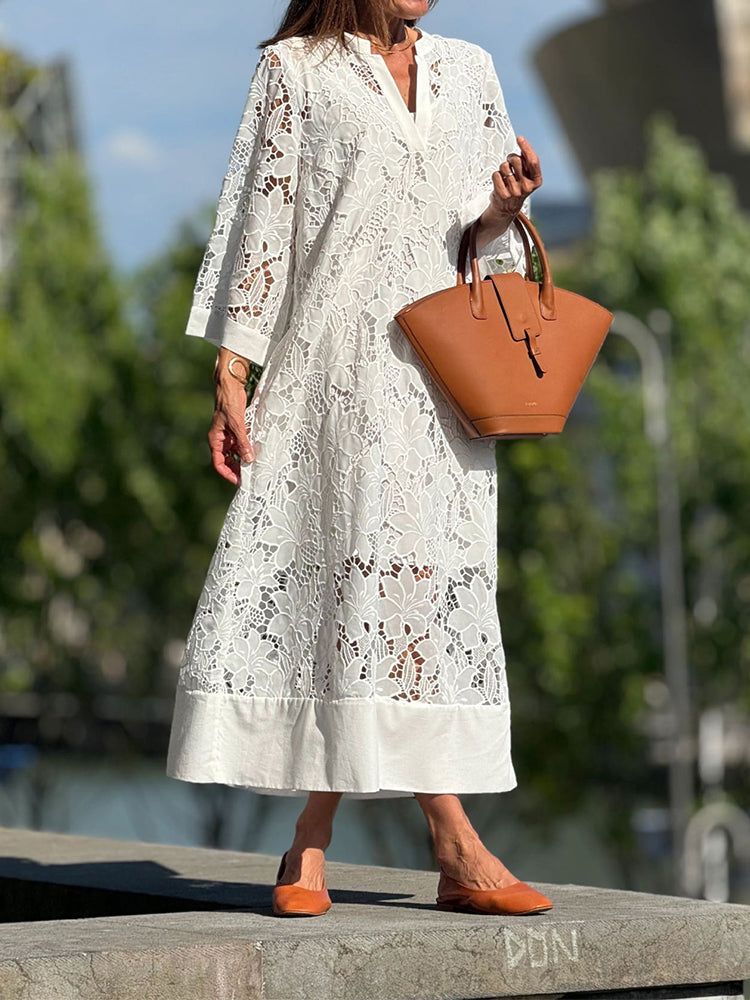 Lace Dress with 3/4 Sleeves & Stand-Up Collar
