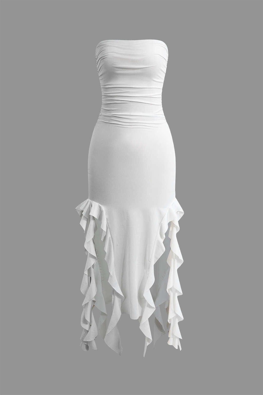 Elegant Ruffle Bandeau Maxi Dress – Timeless Sophistication