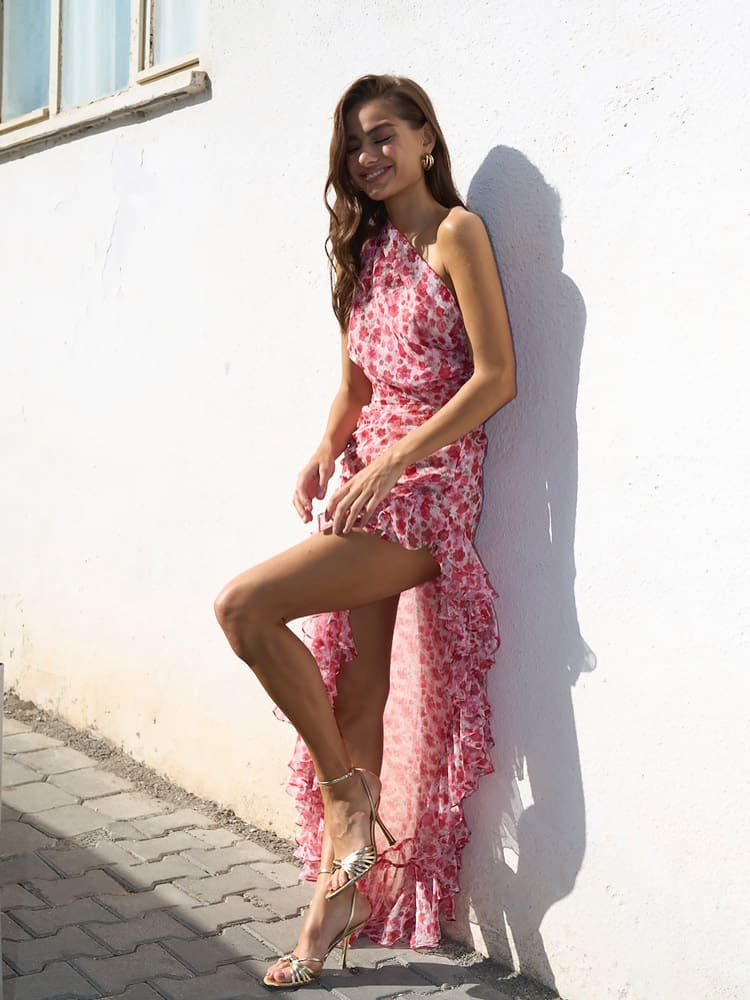 Asymmetrical Floral One-Shoulder Dress with Slit