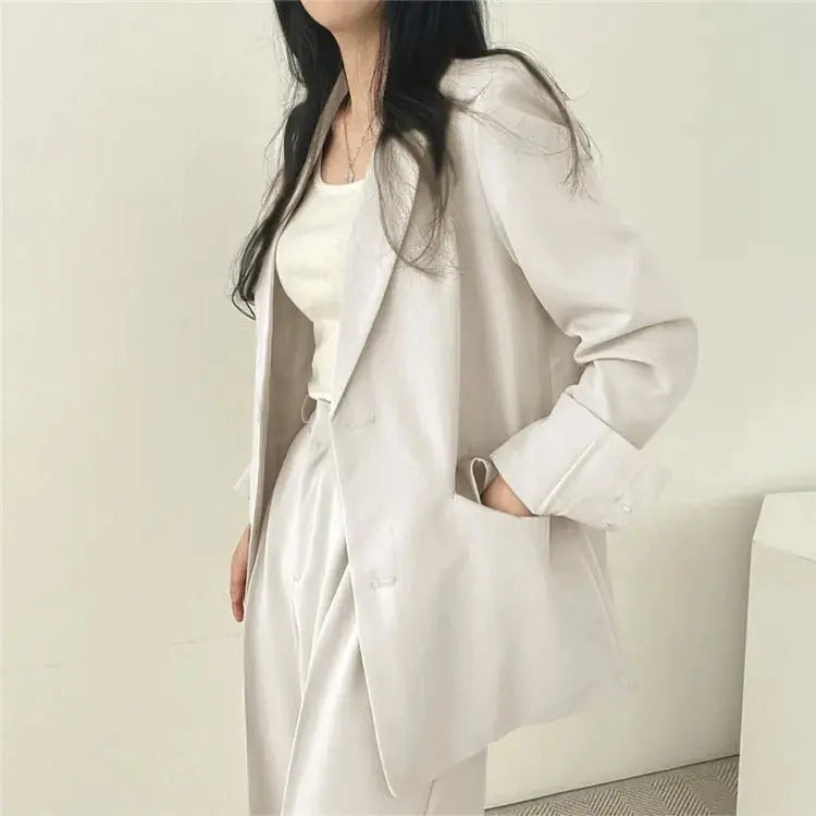 Solid Color Blazer and Straight-Leg Pants Set