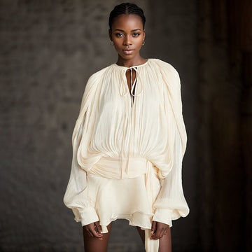 Long Sleeve Pleated Mini Dress with Tied Collar