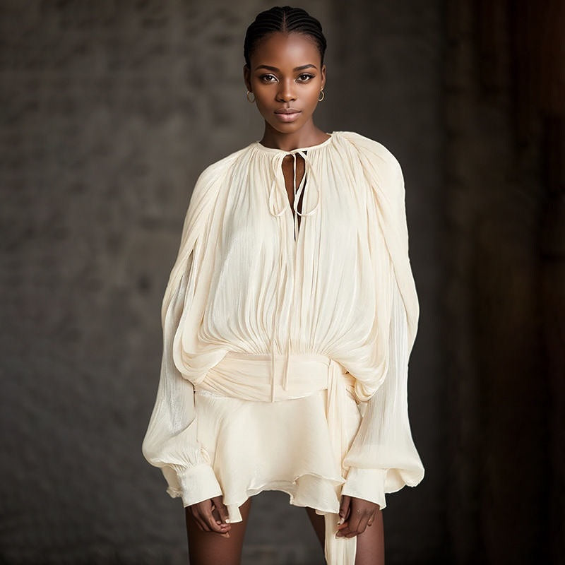 Long Sleeve Pleated Mini Dress with Tied Collar